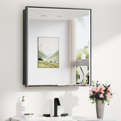 TokeShimi 26x30 Recessed Medicine Cabinet with Mirror Wall Mounted, Metal Beveled Mirror with Storage for Bathroom Vanity, Aluminum Alloy Medicine Cabinet Mirrored Black - color: Black, size: 26x30 IN