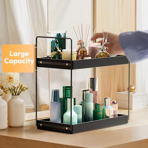 NPPLUS Bathroom Countertop Organizer, 2 Tier Metal Vanity Counter Skincare Shelf, Matte Black, 13.6"L x 6.9"W x 13.8"H | Metal Vanity Counter Skincare Shelf, Under Sink Standing Rack, Home Storage Holder For Lotion Makeup Cosmetics Perfume Spice - color: