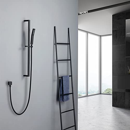 Brass Shower Slide Bar Matte Black Hand Shower Head with Slide Bar and Hose, Wall Mount Handheld Shower Wand Holder, Height Adjustable Sliding Bar, Pt003