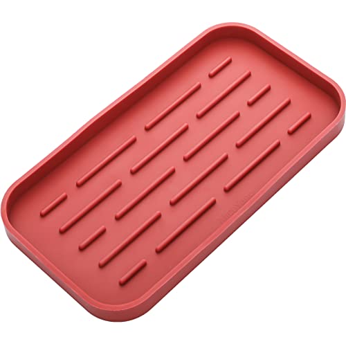 MicoYang Silicone Kitchen Sink Organizer Tray for Multiple Usage,Eco-Friendly Sponges Holder for Kitchen Bathroom Counter or Sink,Dish Soap Dispenser,Scrubber,Bottle,Cup (Red, 10"×5.3") - color: Red, size: 10" x 5.3" x 0.7"