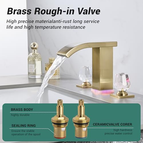 Brushed Gold Bathroom Faucet 3 Hole Widespread Waterfall Vanity Faucet for Bathroom Sink, Modern Touch on Two Handle Gold Faucet (Brushed Gold) - color: Brushed gold