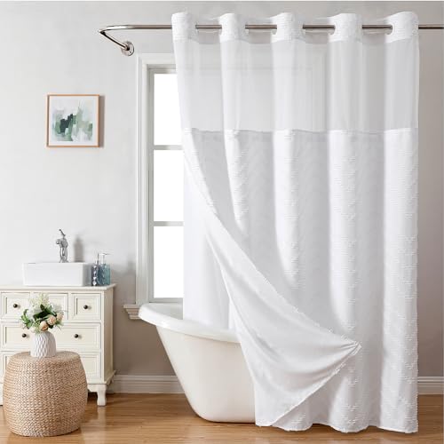 eachope No Hook Tufted Chevron Striped Shower Curtain with Snap-in Fabric Liner set-71Wx74H,Hotel Grade,Boho Style Waterproof Shower Curtain with See Through Top Window,White - color: White, size: 71"W x 74"L (Pack of 1)