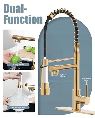 Kitchen Faucet with Soap Dispenser, Brushed Gold Kitchen Faucet, Kitchen Faucets with Pull Down Sprayer and Deck Plate, Stainless Steel Spring Camper Laundry RV Faucets for Kitchen Sinks - color: C.Brushed Gold, style: 1.Faucet+Soap Dispenser+Hole Cover
