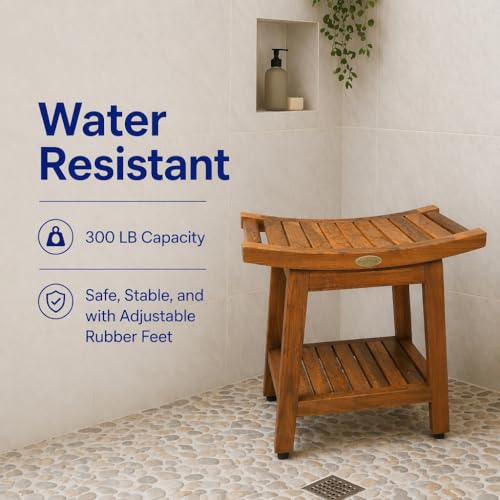 EcoDecors Harmony Gold 18" Teak Shower Bench, Fully Assembled, 300 lb | Comfortable shower bench supports adults and seniors with sturdy construction, reliable stability, and timeless teak style