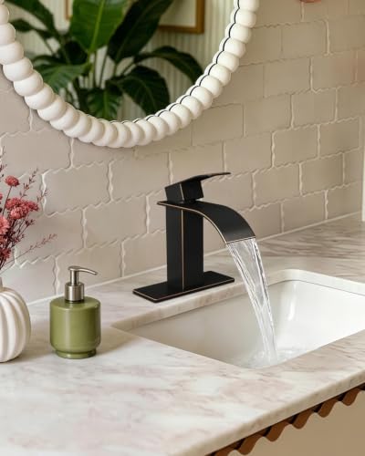 Waterfall Single Handle Bathroom Sink Faucet Oil Rubbed Bronze | Vanity Faucet with Pop-up Drain, llaves para lavamanos de baño, Ceramic Valve, for 1 or 3 Hole Modern Bathrooms. - color: Oil Rubbed Bronze