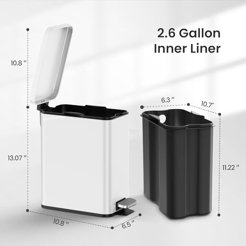 Cesun 2.6 Gallons Small Bathroom Trash Can with Lid Soft Close, White | Removable Inner Bucket, Small Stainless Steel Garbage Can for Bedroom/Office, Hands-Free Step Pedal, Fingerprint-Resistant - color: White