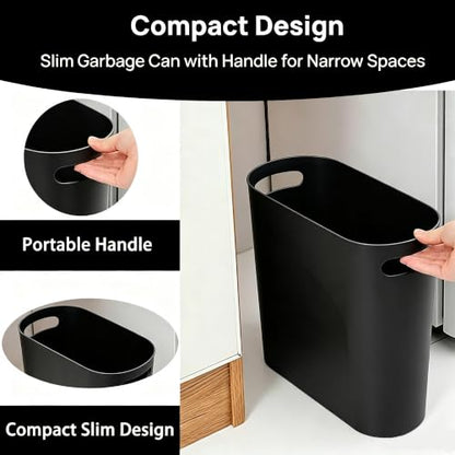 3 Pack Narrow Office Trash Can 3.2 Gallon Slim Waste Basket, Plastic Bathroom Wastebasket Slim Garbage Can Container Bin with Handle for Narrow Spaces Bathroom Bedroom Kitchen Office at Home, Black - color: Black
