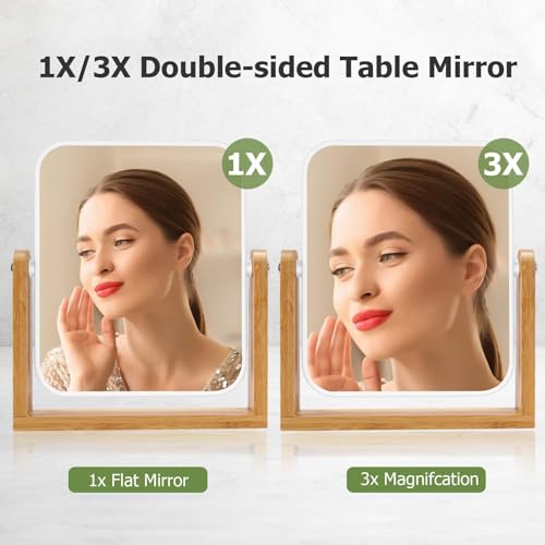 LFOYOU Vanity Makeup Mirror with Natural Bamboo Stand, Double Sided 360 Degree Swivel Magnifying Mirror, Tabletop Magnified Make up Mirror for Bathroom or Bedroom 8 Inch