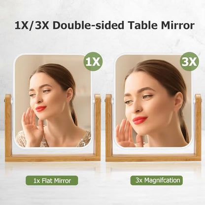 LFOYOU Vanity Makeup Mirror with Natural Bamboo Stand, Double Sided 360 Degree Swivel Magnifying Mirror, Tabletop Magnified Make up Mirror for Bathroom or Bedroom 8 Inch