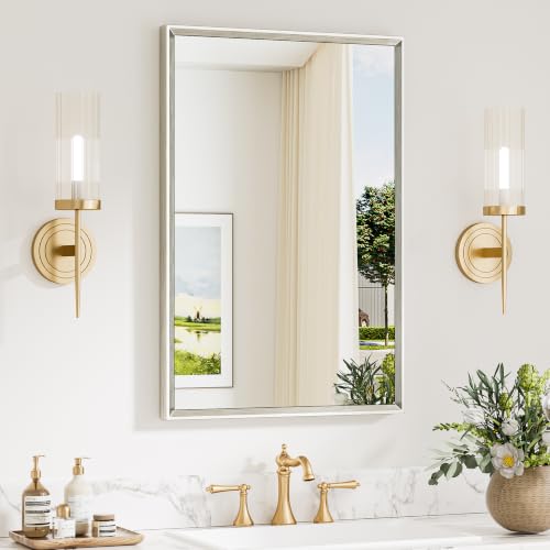 Keonjinn 20 x 30 Inch Brushed Nickel Bathroom Mirrors for Over Sink | Metal Framed Mirror for Wall, HD Tempered Glass, Farmhouse Style, Bathroom Vanity Mirror, Hangs Horizontally or Vertically - color: Brushed Nickel, size: 30"L x 20"W