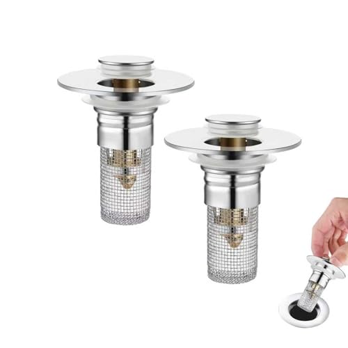 2Pcs Bathroom Sink Stoppers, Bathtub Drain Plugs, Pop-Up Sink Drain Strainers with Removable Stainless Steel Filter, Hair Catcher, Suitable for US Stainless Steel Sink Strainers