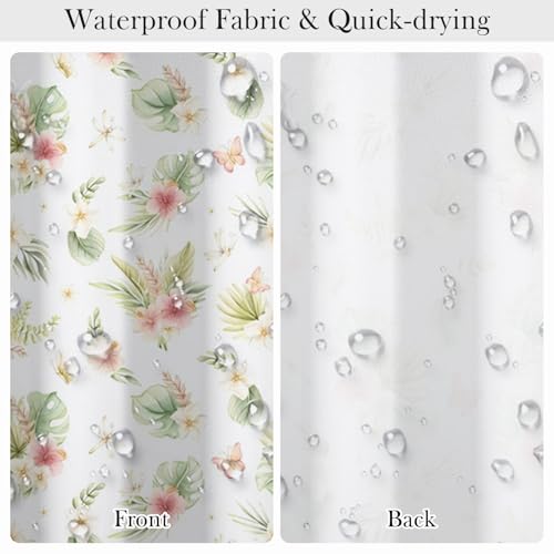 Tropical Floral Shower Curtain 71x74 Inch, Watercolor Botanical Leaf and Hibiscus Flower Pattern Bathroom Curtain and Hooks Set, Boho Farmhouse Style Waterproof Fabric Bath Curtain - color: Floral-m
