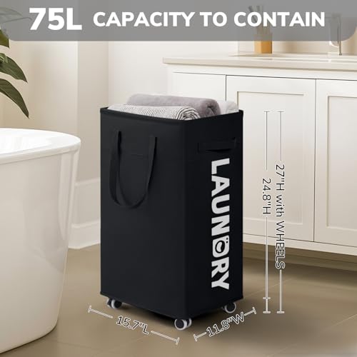 Goodpick 75L Dirty Clothes Hamper with Removable Wash Bag, Rolling Hamper | Black Laundry Hamper with Wheels, Large Laundry Basket with Handles for Dorm Laundry Room, Rolling Laundry Basket - color: Black 1-Pack