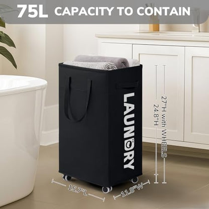 Goodpick 2-Pack Dirty Clothes Hamper with Wash Bag, Rolling Hamper,75L | Black Laundry Hamper with Wheels, Large Laundry Basket with Handles for Dorm Laundry Room, Rolling Laundry Basket - color: Black 2-Pack