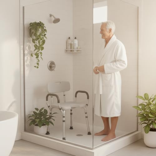 NOVA Bath & Shower Seat w/U-Shaped Hygienic Cutout & Padded/Removable Arms & Back - for Seniors, Handicap & Medical Use, Adjustable Height, Aluminum Frame, Non-Skid Safety, Tool-Free, 300lb Capacity