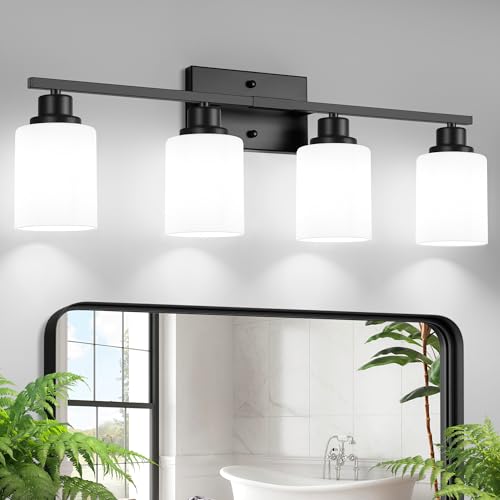 Ascher Bathroom Light Fixtures, 4-Light Vanity Light Over Mirror, Matte Black Wall Sconces with Milky White Frosted Glass Shades, Wall Lamp for Living Room Bedroom, E26 Base(Bulbs Not Included) - color: Black, size: 4-Light