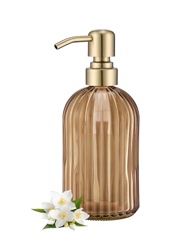 16 OZ Amber Glass Soap Dispenser, Amber Stripe Bathroom Hand Soap Dispensers with Stainless Steel Brushed Gold Pump,Brown Glass Kitchen Hand Soap Dispenser with Brushed Gold Pump - color: Brushed Gold + Amber, size: 1-Pack