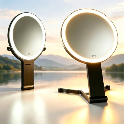 Travel Makeup Mirror with Lights & Foldable Stand, 6" Double Sided 1X/30X Magnifying Portable Lighted Hand Mirror for Men Women, 1X for Full Face & 30x high Magnification for Apply Eyelashes - color: Black(1/30x)