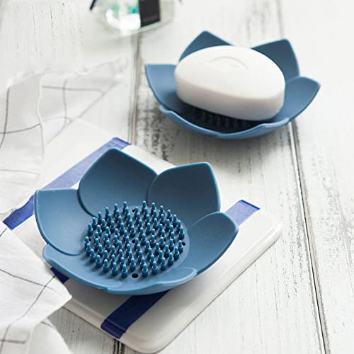 2 Pack Silicone Soap Tray Dishes Soap Holder Saver Draining Bathroom Shower Sink Bathtub - color: 2 Pack, Pink + Blue