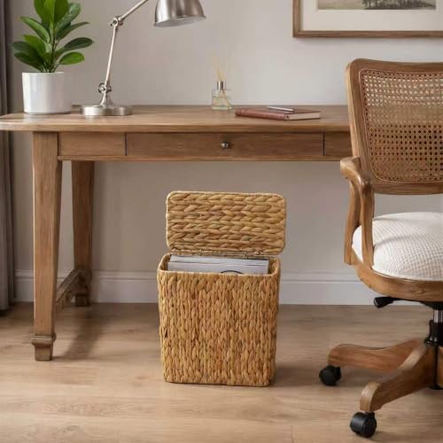 Coeusy 3 Gallon Wicker Trash Can,Small Bathroom Trash Can with Lid,Natural Water Hyacinth Wicker Waste Basket for Bedroom,Toilet,Narrow Garbage Can with Removable Liner - color: Water hyacinth