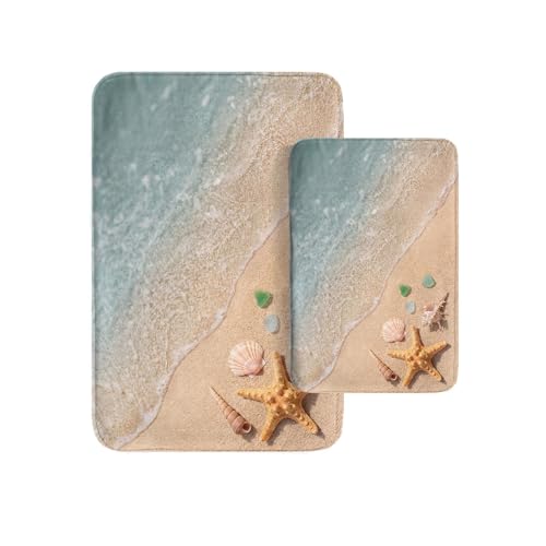 Britimes Beach Starfish Sea Shell Ocean Bathroom Rug Mat Set of 2, Washable Cover Floor Rug Carpets Floor Bath Mat Bathroom Decorations 16x24 and 20x32 Inches - color: Beach 3