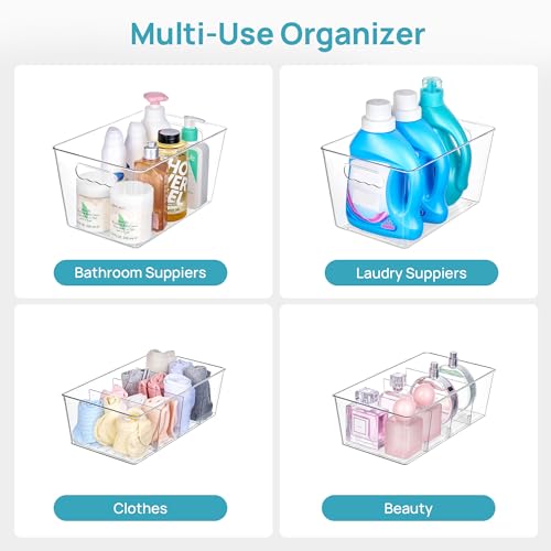 Vtopmart 8 Pack Clear Storage Bins Set for Pantry Organizer | 4 Large Pantry Bins with Handle and 4 Medium Snack Organizer Bins with 4-Compartment for Pantry, Kitchen, Fridge, Cabinet - size: Set D