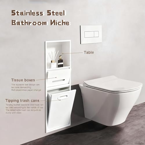 Stainless Steel Recessed Shower Nich with Built-in Trash Can(25.4X11.2IN) | Waterproof Bathroom Niche Built-In Alcove Toilet Paper Toiletries Storage Rack for Living Room Bedroom Hotel Residential - color: White