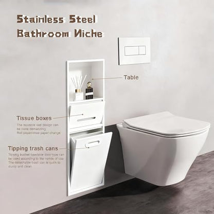 Stainless Steel Recessed Shower Nich with Built-in Trash Can(25.4X11.2IN) | Waterproof Bathroom Niche Built-In Alcove Toilet Paper Toiletries Storage Rack for Living Room Bedroom Hotel Residential - color: White