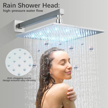 Brushed Nickle Shower System 12 Inch LED Rainfall Shower Head Brass Handheld Combo Set Bathroom Rain Shower Mixer Shower Rough-in Valve Body and Trim Included