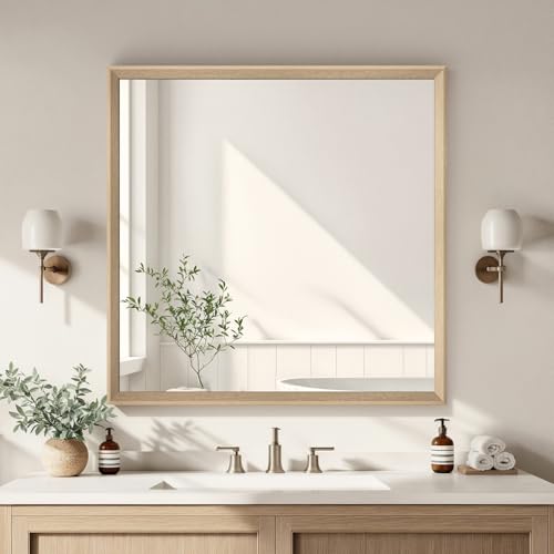 Oak Wood Effect Framed Wall Mirror, 36x36 Rectangle Mirror | Anti-desilvering Tempered Glass, Sustainable& Sturdy Frame, Farmhouse Mirror, Anti-Rust, 3min Setup for Bathroom Living Room - color: Oak Wood, size: 36"L x 36"W