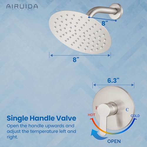 Airuida Shower Faucet Set,8 Inch Brushed Nickel Shower Trim Kit | Round Rainfall Shower Head,Single Handle,Male Threads Rough-in Valve,Wall Mount Bathroom System - color: Nickel, size: 8 Inch