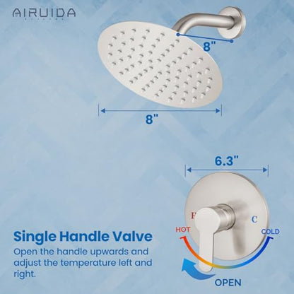 Airuida Shower Faucet Set,8 Inch Brushed Nickel Shower Trim Kit | Round Rainfall Shower Head,Single Handle,Male Threads Rough-in Valve,Wall Mount Bathroom System - color: Nickel, size: 8 Inch