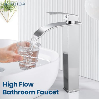 Airuida Vessel Sink Faucet,Chrome Polish Tall Waterfall Bathroom Faucet | Single Handle,Tall Bathroom Faucet 1 Hole,Vanity Faucet,without Drain,Bowl Bathroom Faucet - color: Chrome Polish