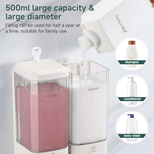 Shampoo and Conditioner Dispenser 2 Chamber No Drill Shampoo Dispenser for Shower Wall Mounted Shower Soap Dispenser 2 * 500ml Refillable Shower Dispenser for Bathroom Hotel,White - color: White-clear-2