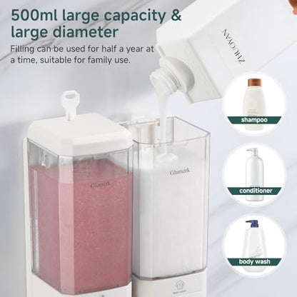 Shampoo and Conditioner Dispenser 2 Chamber No Drill Shampoo Dispenser for Shower Wall Mounted Shower Soap Dispenser 2 * 500ml Refillable Shower Dispenser for Bathroom Hotel,White - color: White-clear-2