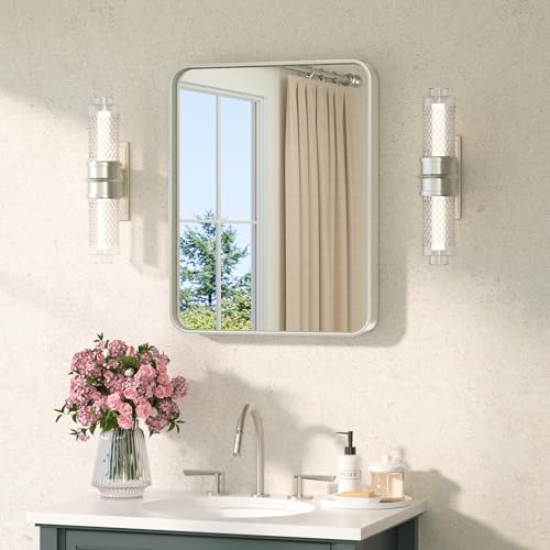 TETOTE Brushed Nickel Mirror 16 x 20 Brushed Nickel Metal Framed Bathroom Mirror, Tempered Glass, Modern Farmhouse Wall Mounted Mirror for Decorative(Horizontal/Vertical) - color: Brushed Nickel, size: 20"L x 16"W