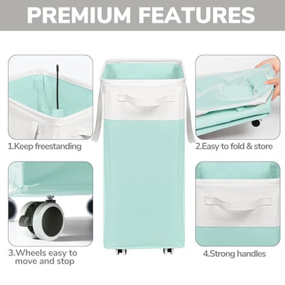 Goodpick Laundry Basket with Wheels, 75L Laundry Hamper with Wheels, Large Laundry Basket with Removable Wash Bag, Clothes Hamper for Laundry, Blue&White | Clothes Hamper with Removable Wash Bag for Laundry Room, Large Rolling Laundry Basket with Handles,