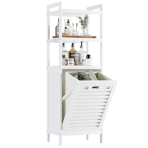 HITNET Bamboo Tilt Out Hamper, 10 Gal Bathroom Laundry Cabinet with Hidden Foldable Basket, Freestanding Clothes Storage Organizer with Storage Shelf, White - color: White
