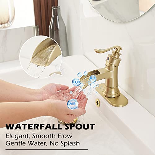 BWE Brass Gold Waterfall Sink Faucet for Modern & Traditional Bathroom | Wide Waterfall Spout, Ceramic Cartridge, Fits 1 or 3-Hole Sink, Single Handle, Hardware Kit Included, Not for Vessel Sink - color: Gold