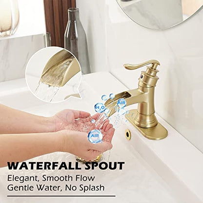 BWE Brass Gold Waterfall Sink Faucet for Modern & Traditional Bathroom | Wide Waterfall Spout, Ceramic Cartridge, Fits 1 or 3-Hole Sink, Single Handle, Hardware Kit Included, Not for Vessel Sink - color: Gold