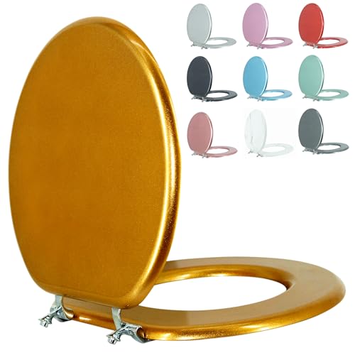 Round Toilet Seat Wood Toilet Seat Prevent Shifting with Zinc Alloy Hinges American Standard Size Toilet Seat Easy to Install also Easy to Clean(Round,Sparkling Classical Gold) - color: Classical Gold, size: Round