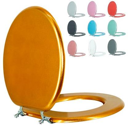 Round Toilet Seat Wood Toilet Seat Prevent Shifting with Zinc Alloy Hinges American Standard Size Toilet Seat Easy to Install also Easy to Clean(Round,Sparkling Classical Gold) - color: Classical Gold, size: Round