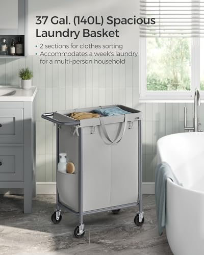 SONGMICS Laundry Basket with Wheels, Rolling Laundry Hamper, 23.8 Gallons (90 L), Removable Liner, Steel Frame with Handle, 24 x 11.4 x 31.9 Inches, Dove Gray URLS003G01 - color: Dove Gray, size: 90 L (1-Section)