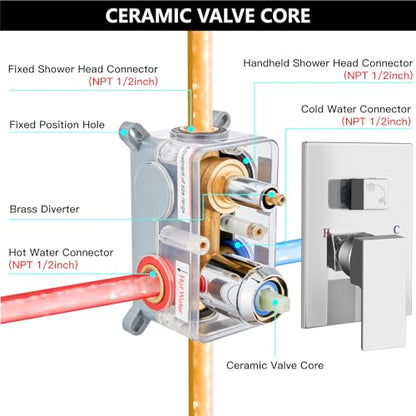 Midanya Shower Faucet Set with Handheld Sprayer,16 Inch,Polish Chrome | Rough-in Shower Valve and Trim Kit Included,Square Rain Head,Wall Mount Shower System,All Metal,Bathroom - color: Chrome, size: 16 Inch