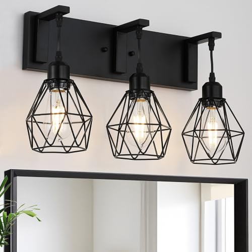 Somniferous Farmhouse Bathroom Light Fixtures, 3 Light Bathroom Vanity Lights Over Mirror, Black Vanity Light with Caged Metal Shade, Rustic Wall Sconce for Bedroom, Living Room, Hallway, E26 Socket - size: 3-Light