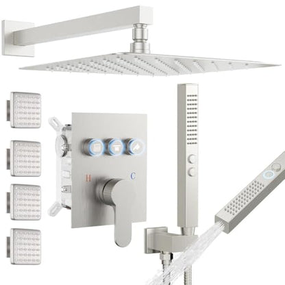 STARBATH Shower Systems with 4 Body Spray Jets, 12" Rainfall Shower Head with Handheld Combo, Can Use All at Once, Push Button Shower Jets System in Wall Shower Faucet Sets Complete,Brushed Nickel - color: Brushed Nickel, size: 12"-04