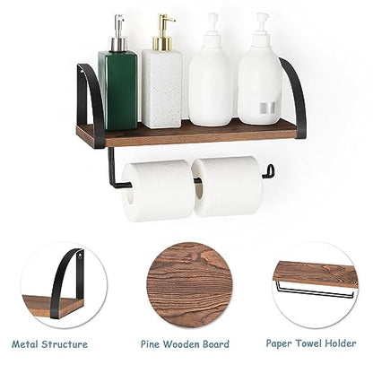 BTY Paper Towel Holder Wall Mount Farmhouse Wood Paper Towel Holder with Shelf Hanging Paper Towel Roll Rack Under Cabinet Spice Rack for Kitchen Bathroom Organizer Rustic Brown - color: Rustic Brown
