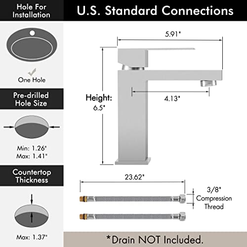 KES Single Handle Bathroom Sink Faucet, Brushed Steel, Modern Single Hole | CUPC NSF Certified, 1.2 GPM, Lead-Free SUS304, Easy To Install - color: Brushed Steel, style: NO Drain - Short Faucet