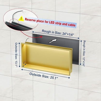 24"x12" Gold LED Shower Niche,3 CCT Dimmable Light, No Tile Needed | 304 Stainless Steel Bathroom Niche w/ Light(3000K/4000K/6000K), IP66 Waterproof, Space Saving & Durable ,LED Driver Included - color: Brass Gold, size: 24X12In