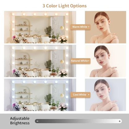 VOWNER Vanity with Lighted Mirror - Makeup Vanity Desk with Power Outlet and 7 Drawers, 3 Color Lighting Modes Adjustable Brightness, 44" Vanity Table with Soft Cushioned Stool for Women Girls, White - color: White